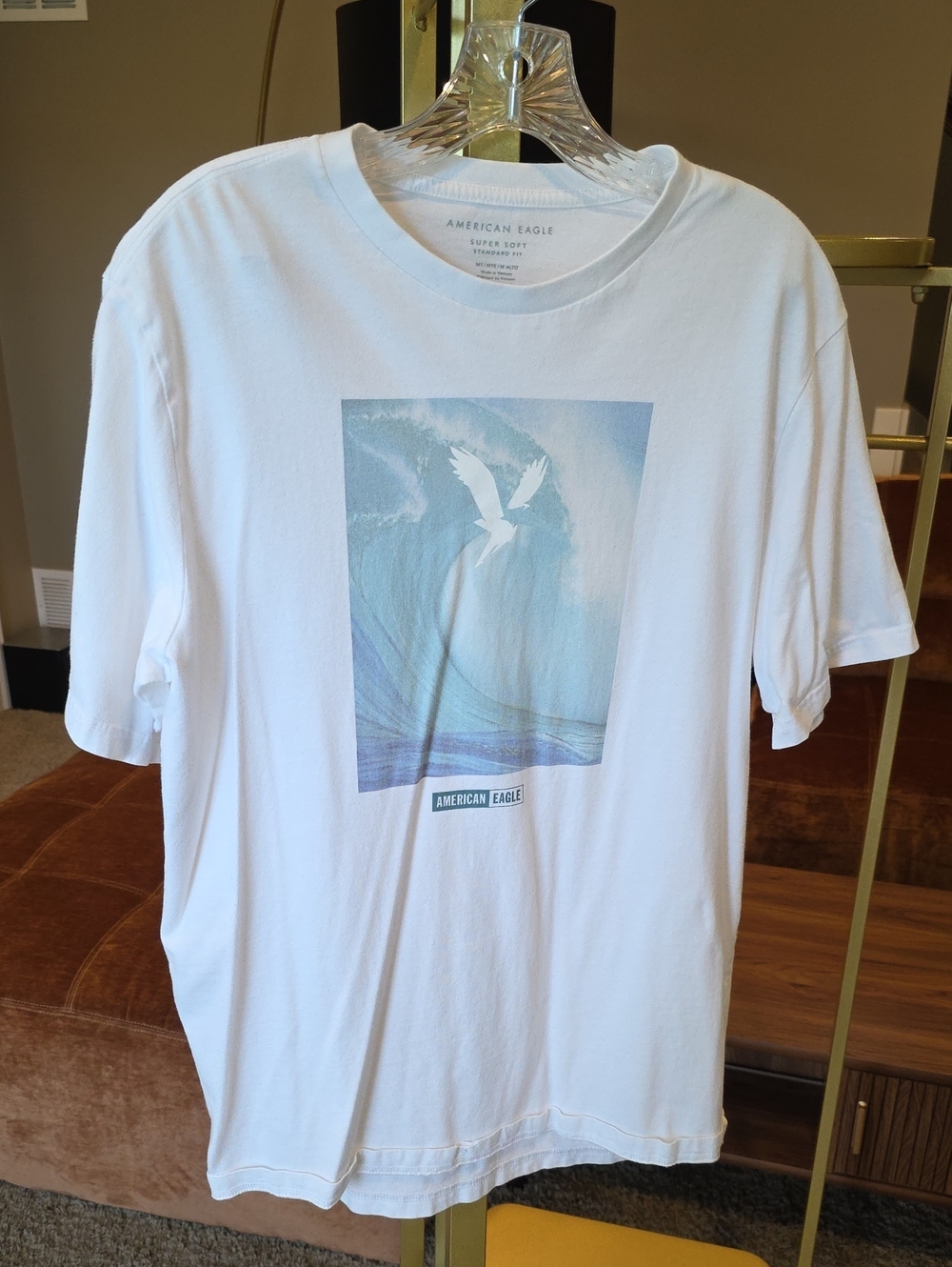 American Eagle Outfitters White Tee with Blue Wave Graphic